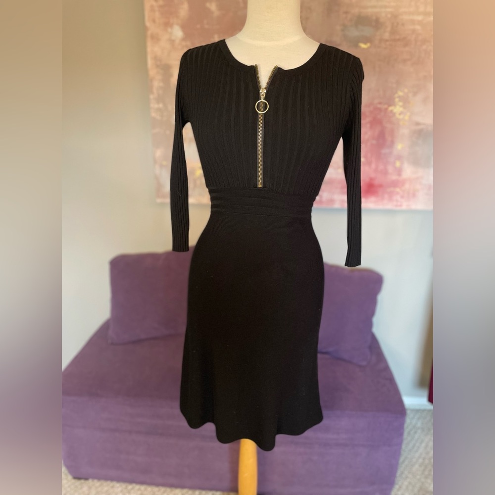 INC Black Midi Ribbed Sweater Dress Long sleeve and‎ gold zip Size S